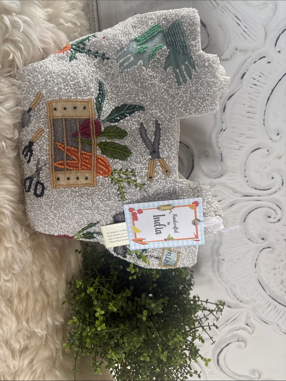 Hand Crafted Cream Holiday Pillow with Colorful Embroidered Garden Motifs
